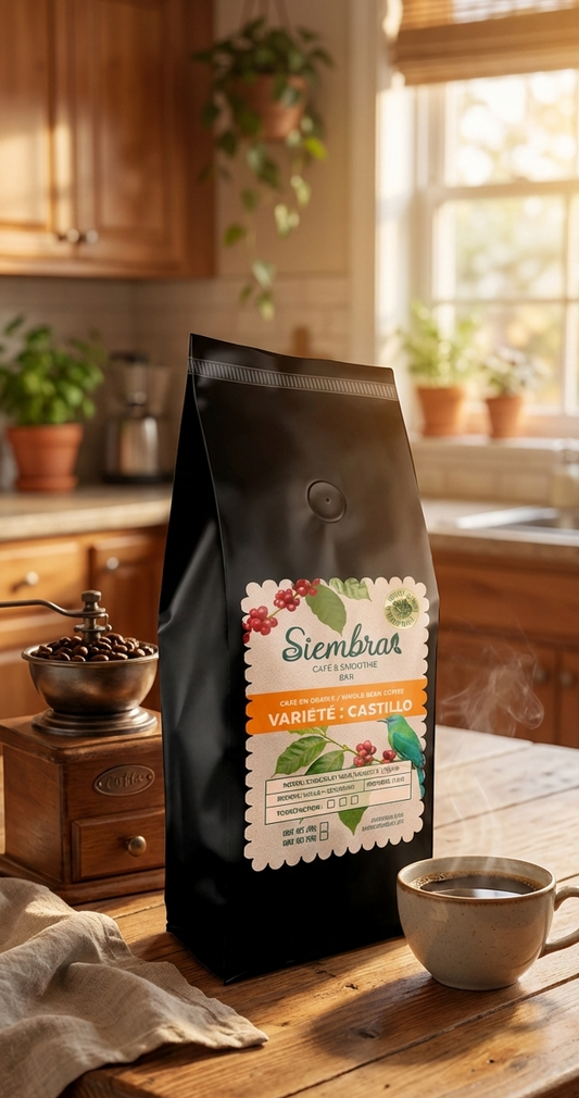 Premium Colombian coffee beans from Pitalito, Huila. Chocolate and nutty notes. Fair trade, hand-harvested, artisan roasted in Montreal.
Black coffee bag on a wooden table with a cup of coffee in a kitchen setting